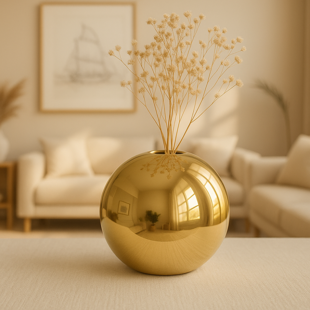 Living Room Elegant Ceramic Vase | Round Gold Finish Decor