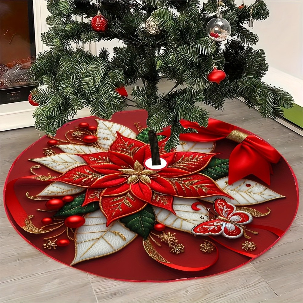 Tree Skirt Christmas | Poinsettia Floral Decoration