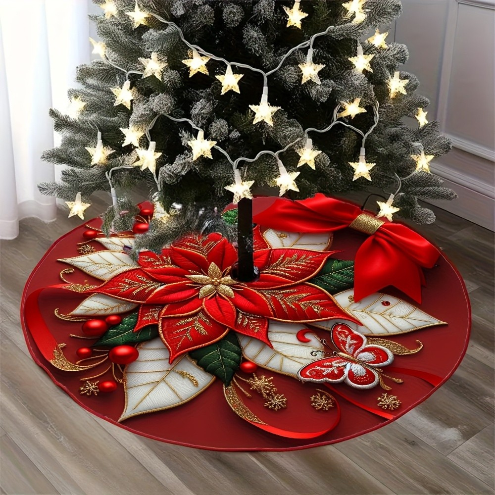 Tree Skirt Christmas | Poinsettia Floral Decoration