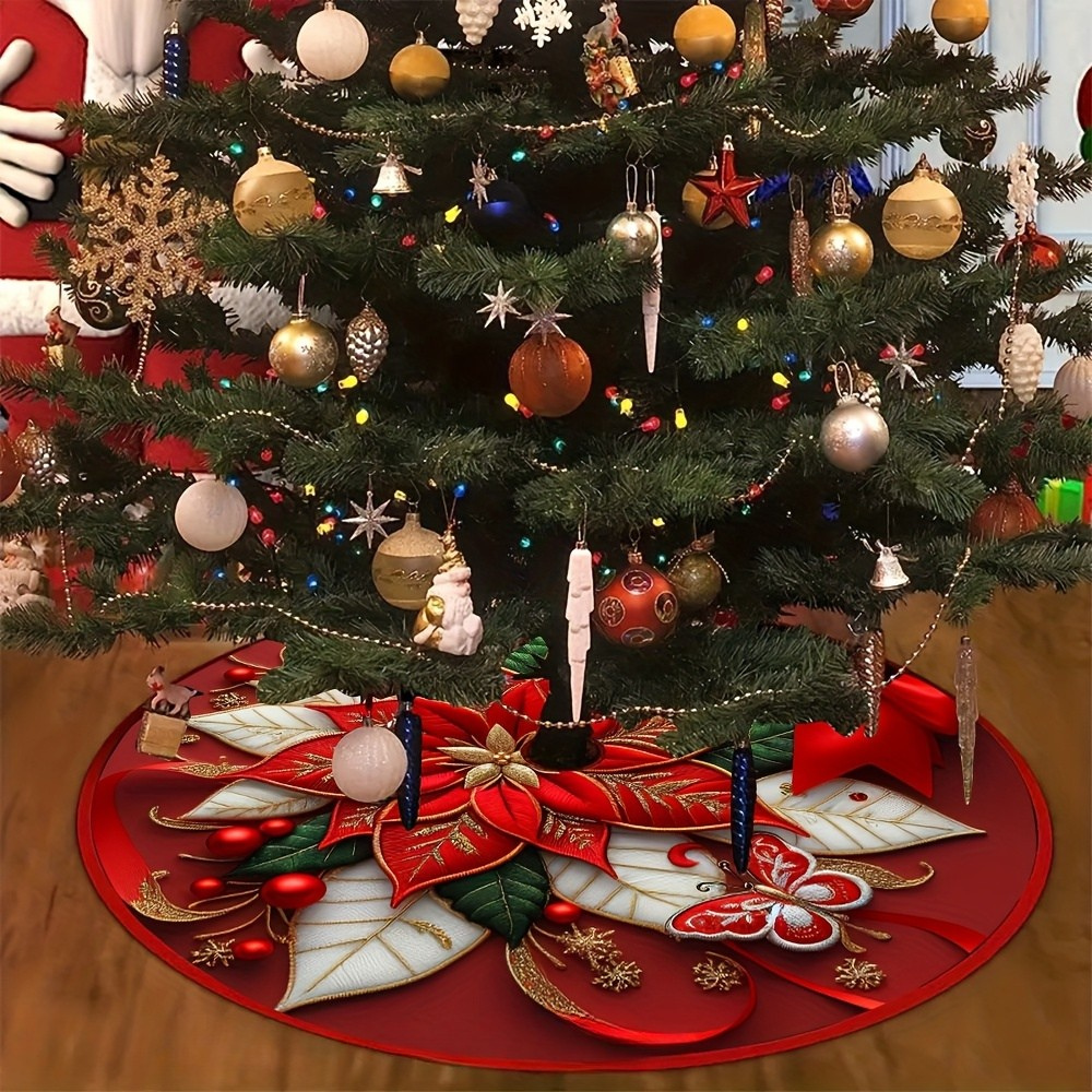 Tree Skirt Christmas | Poinsettia Floral Decoration