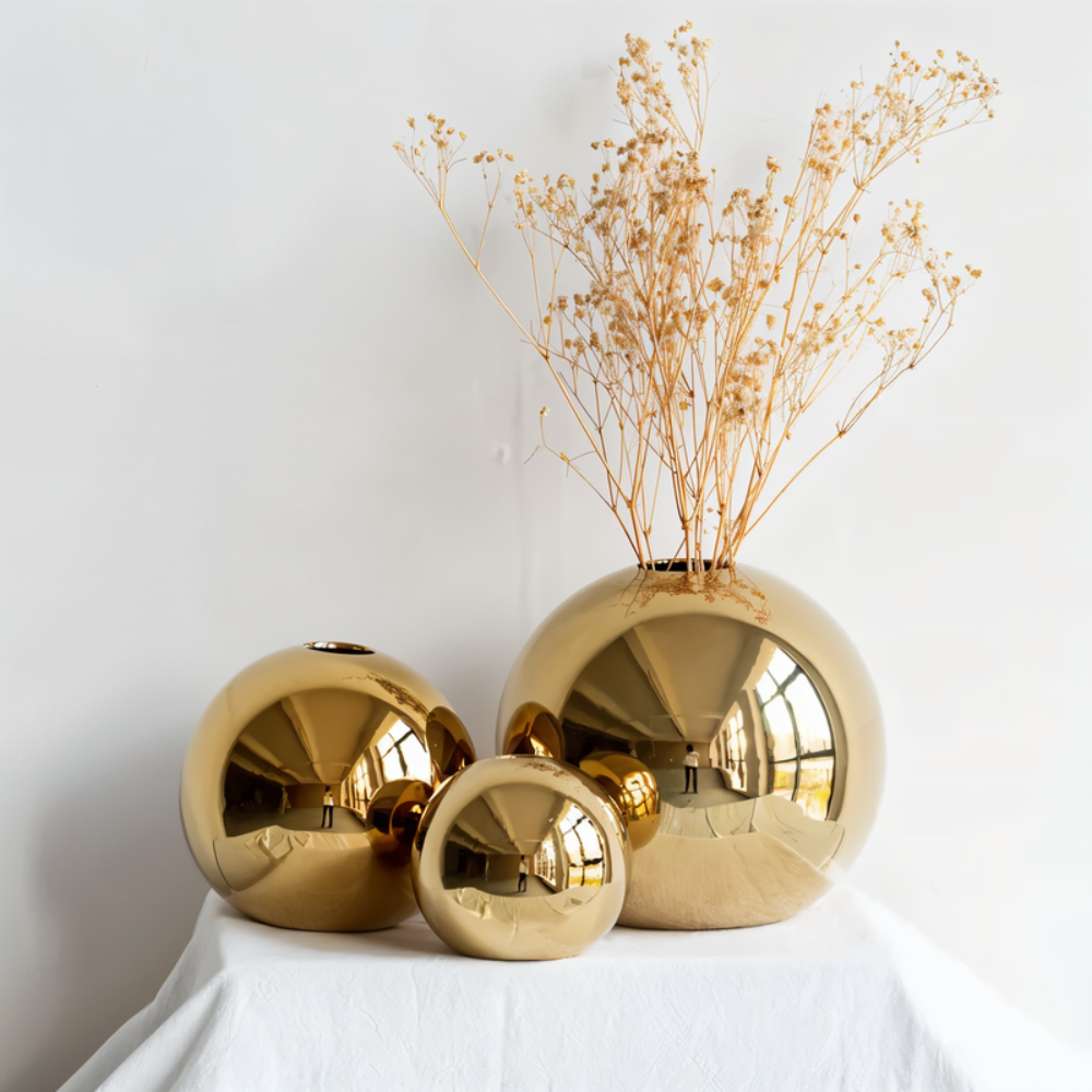 Living Room Elegant Ceramic Vase | Round Gold Finish Decor