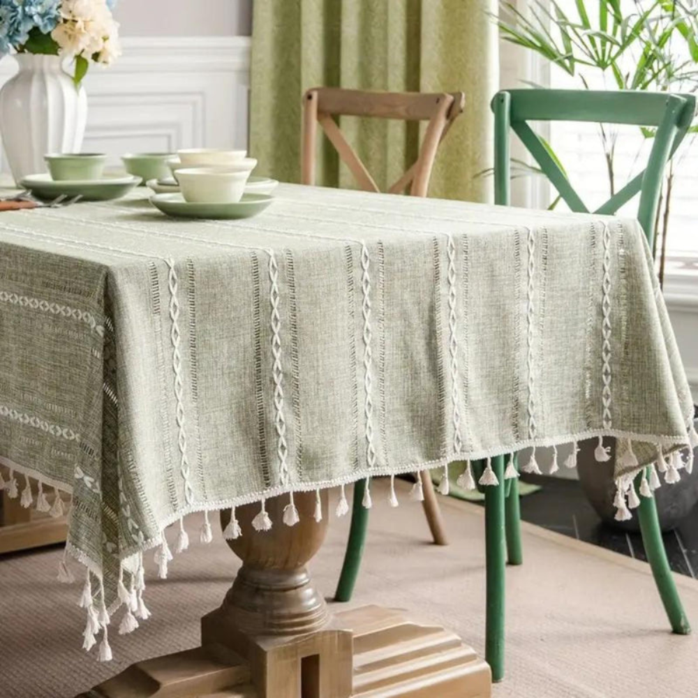 Dining Room Elegant Tablecloth | Striped Design with Tassel Lace