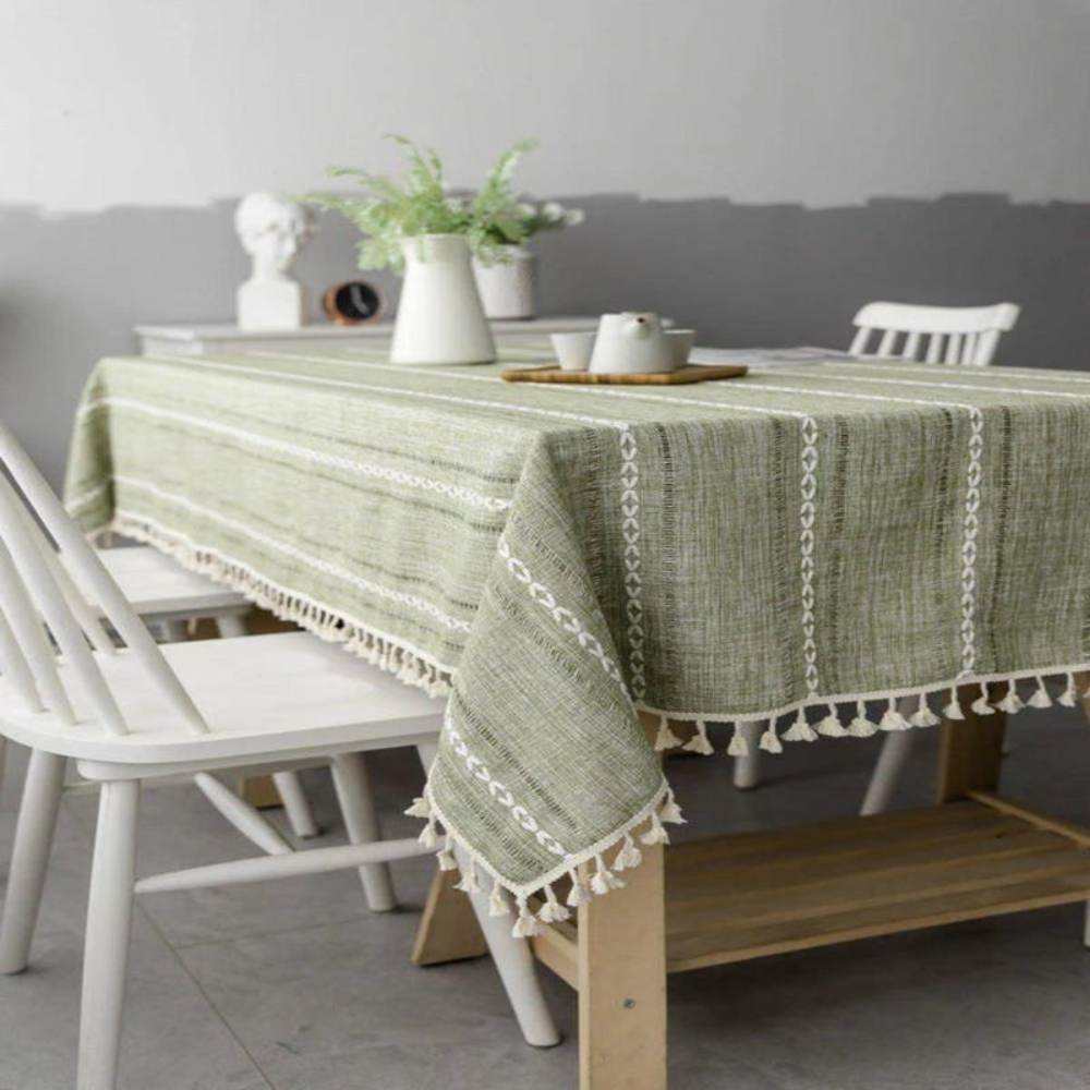 Dining Room Elegant Tablecloth | Striped Design with Tassel Lace