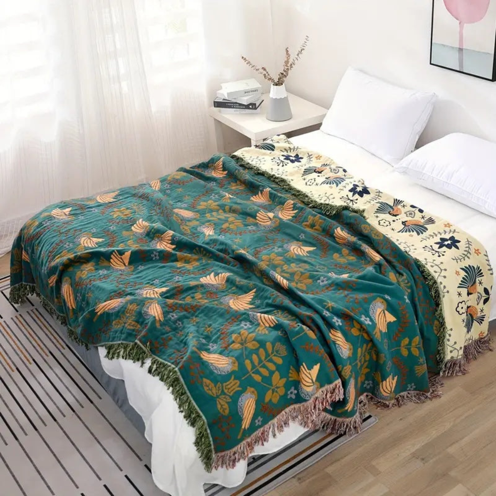Living Room Reversible Throw Blanket | Scandinavian Bird Design