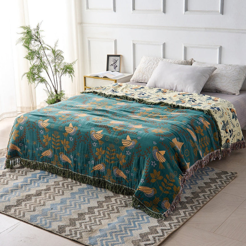 Living Room Reversible Throw Blanket | Scandinavian Bird Design