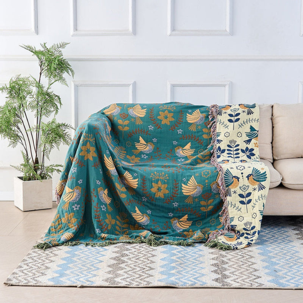 Living Room Reversible Throw Blanket | Scandinavian Bird Design