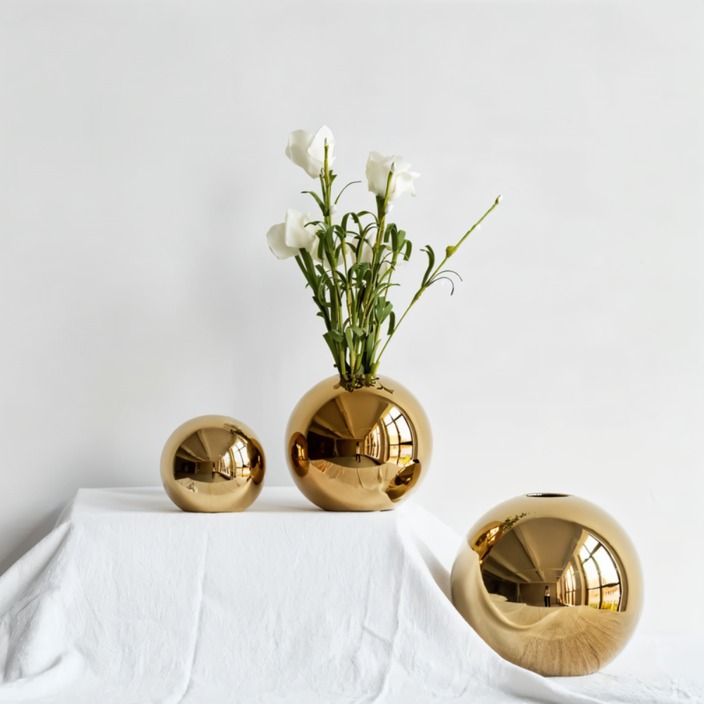 Living Room Elegant Ceramic Vase | Round Gold Finish Decor