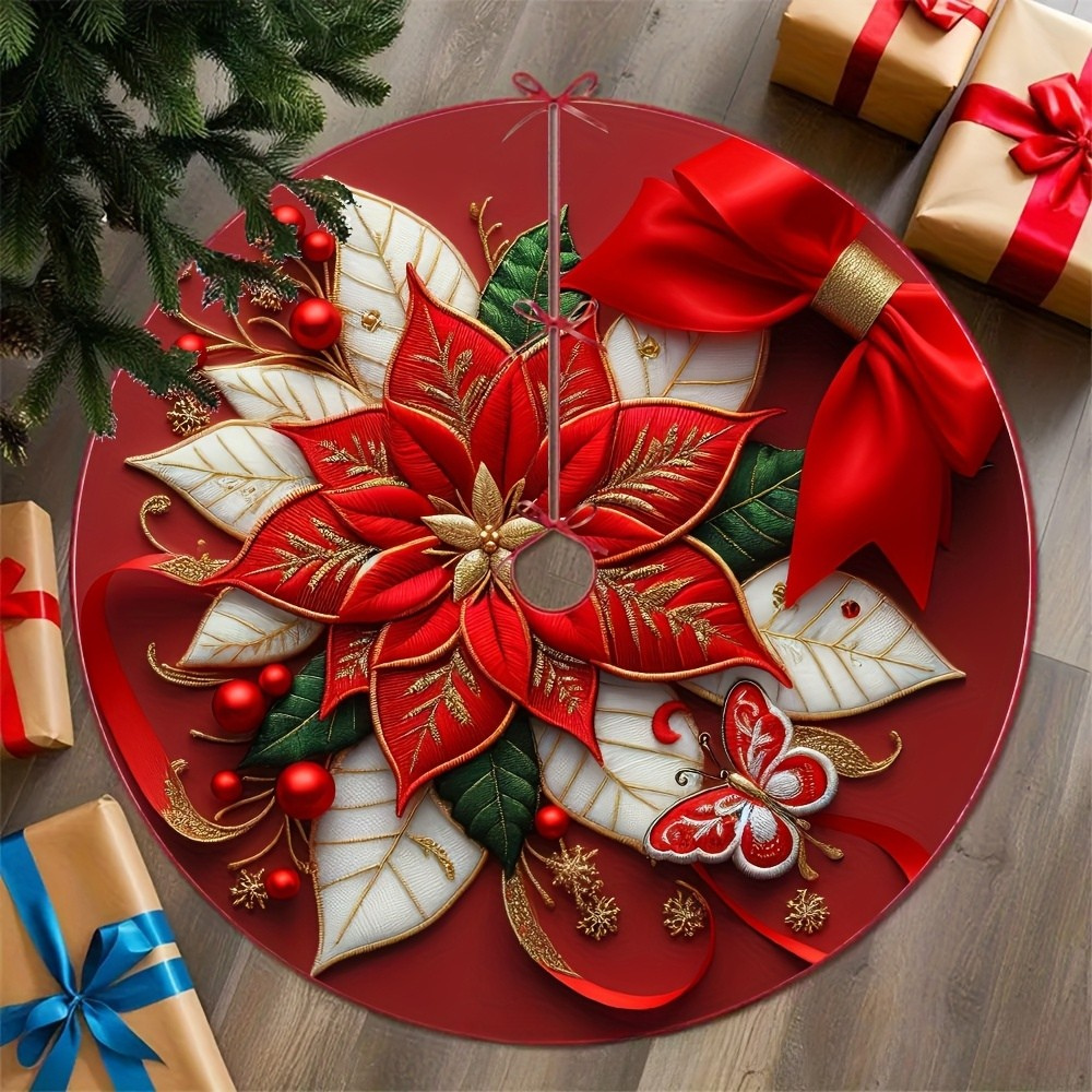 Tree Skirt Christmas | Poinsettia Floral Decoration