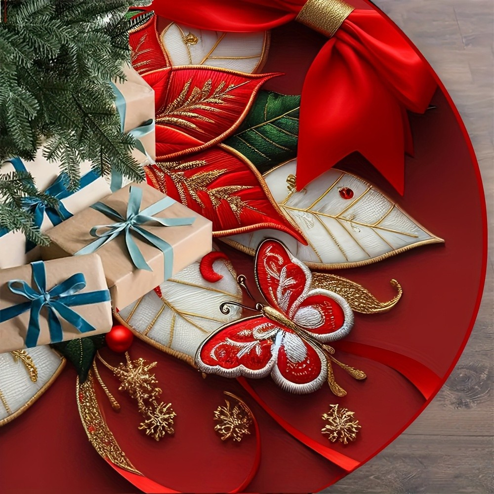 Tree Skirt Christmas | Poinsettia Floral Decoration