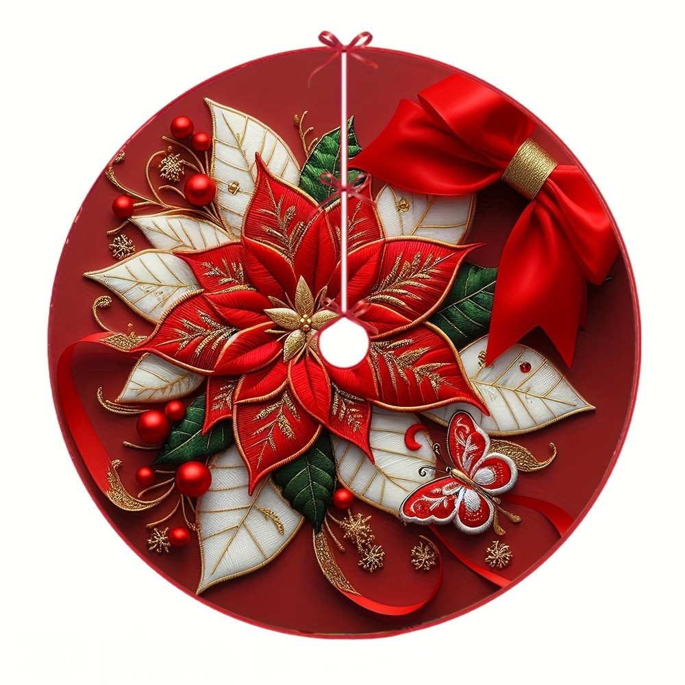 Tree Skirt Christmas | Poinsettia Floral Decoration