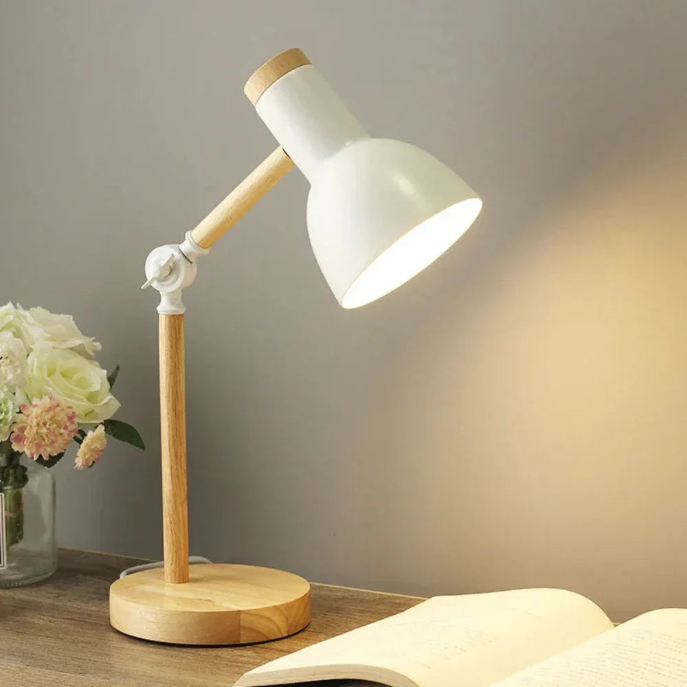 Table Lamp Adjustable Arm | Wooden Base Fixture
