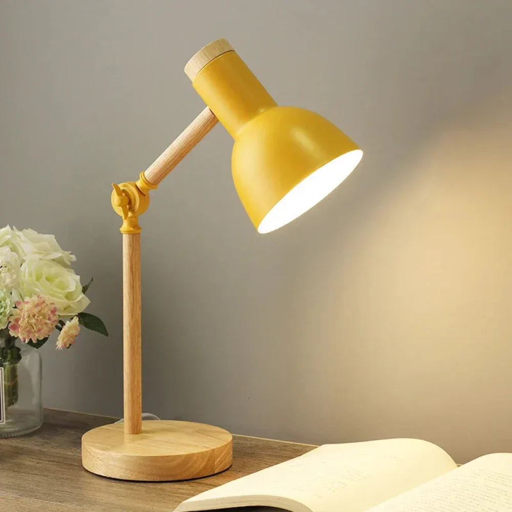 Table Lamp Adjustable Arm | Wooden Base Fixture