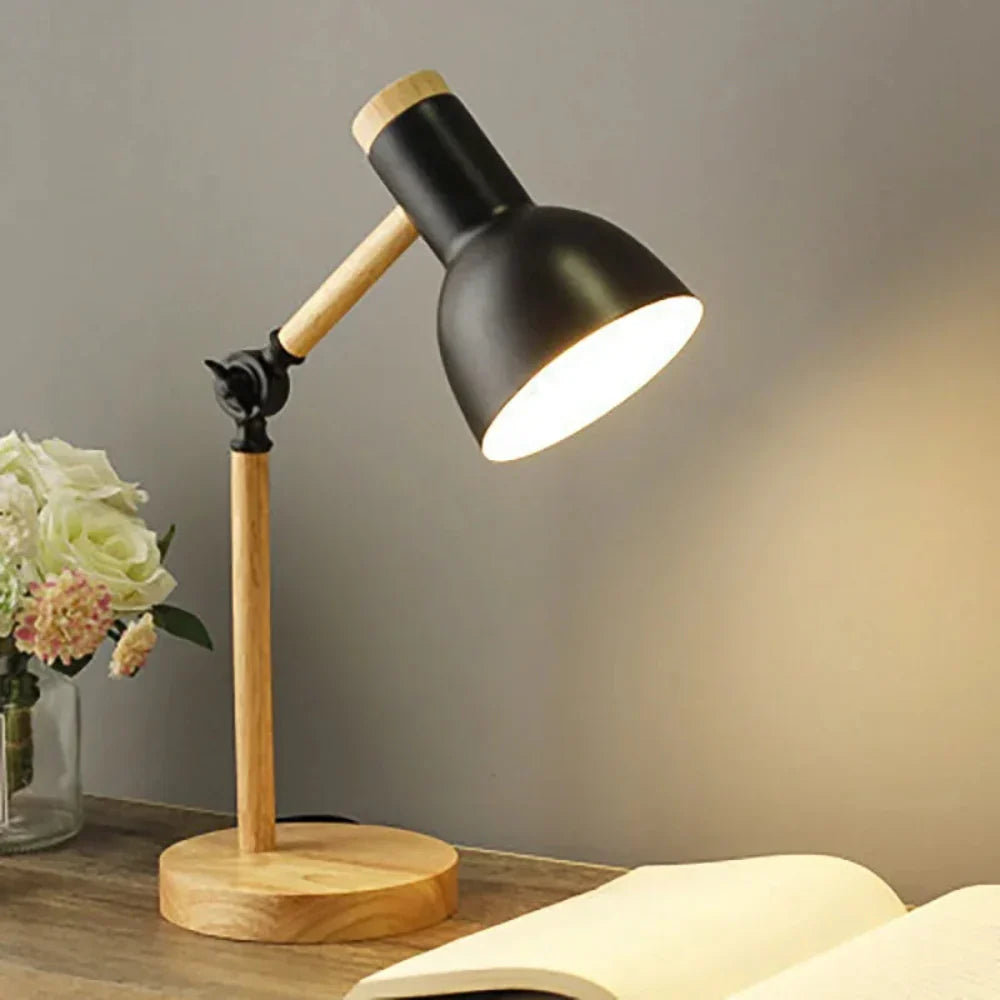 Table Lamp Adjustable Arm | Wooden Base Fixture