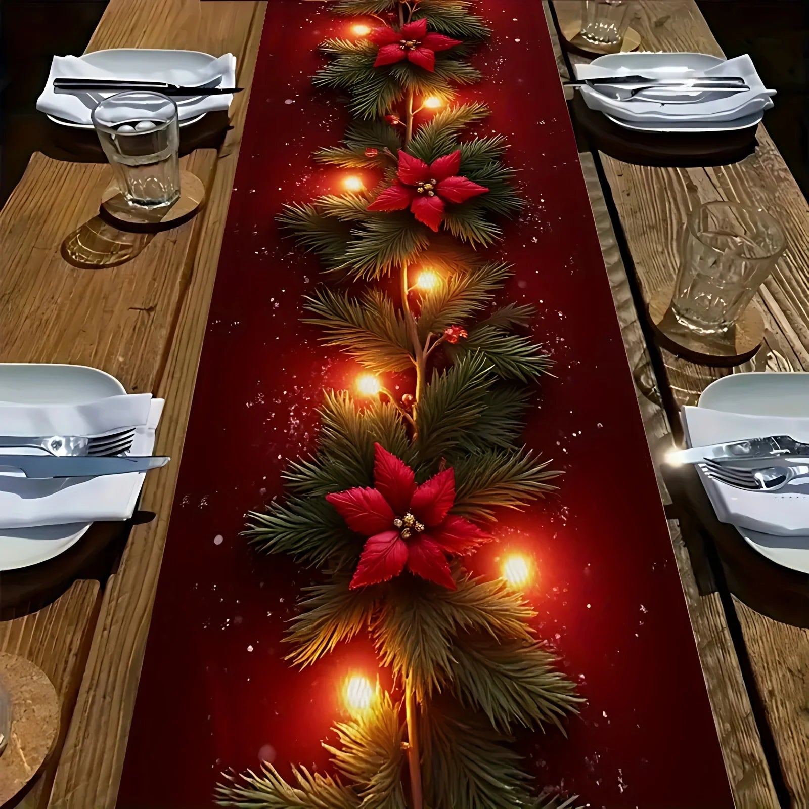 Table Runner for Christmas | Poinsettia Pine Design