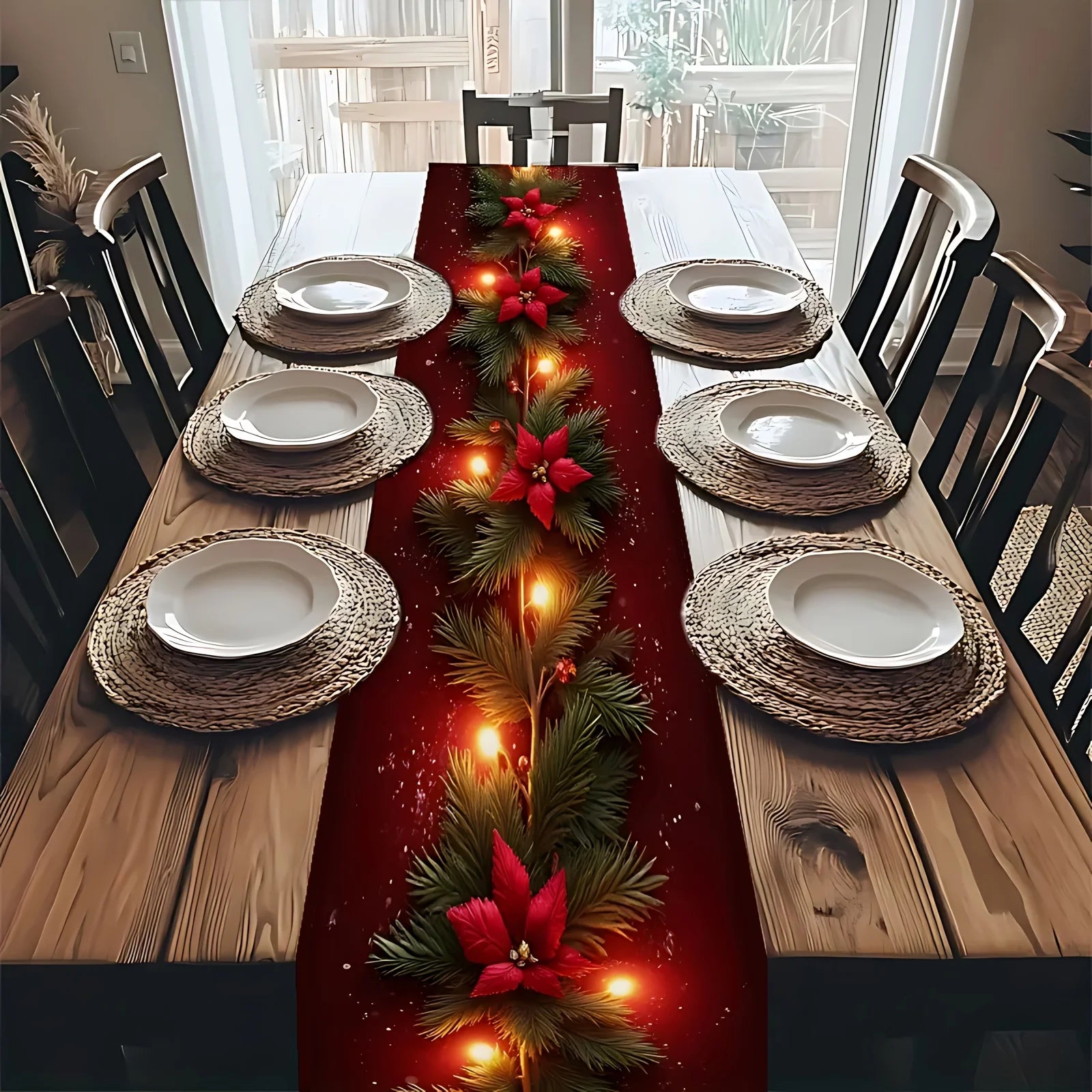 Table Runner for Christmas | Poinsettia Pine Design