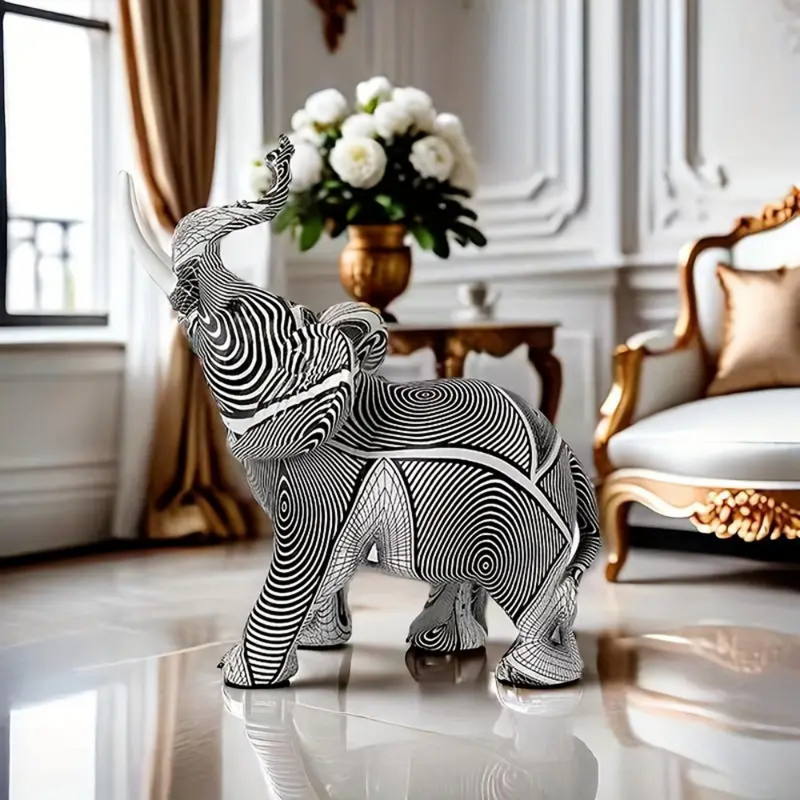 Living Room Elegant Elephant Figurine | Black And White Spiral Design