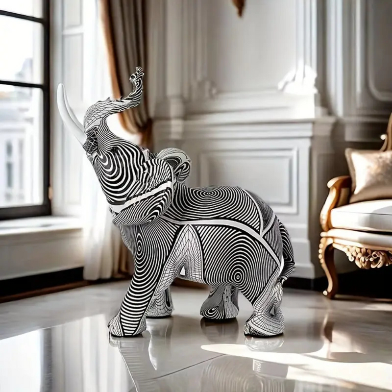 Living Room Elegant Elephant Figurine | Black And White Spiral Design