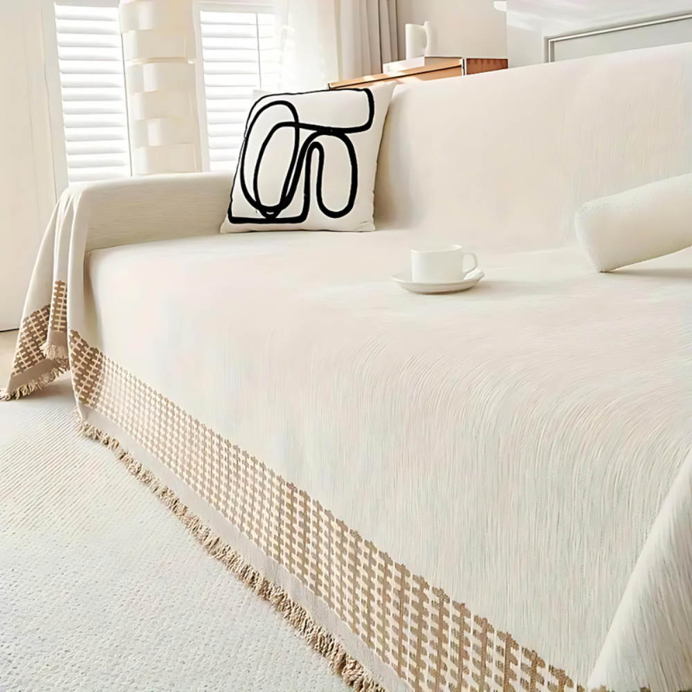Living Room Rustic Sofa Cover | Versatile Throw with Tassel Detail