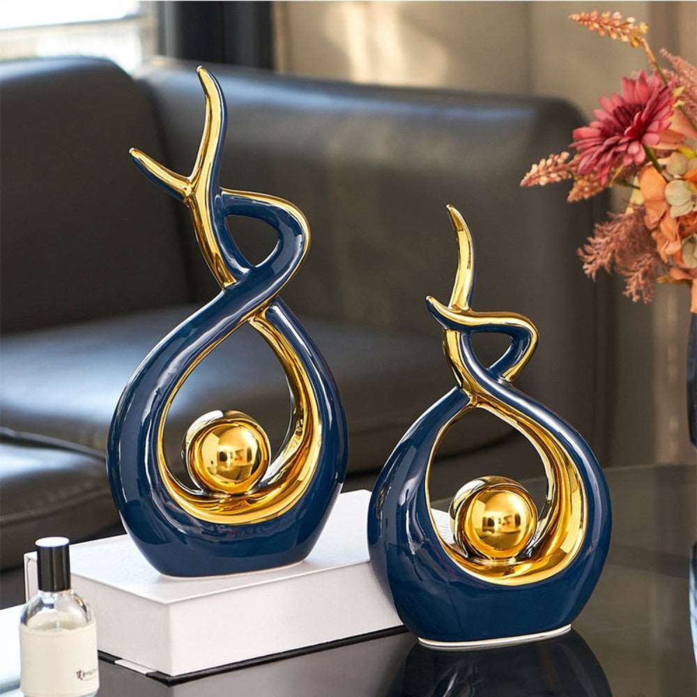 Living Room Abstract Ceramic Sculpture | Modern Design with Golden Accents