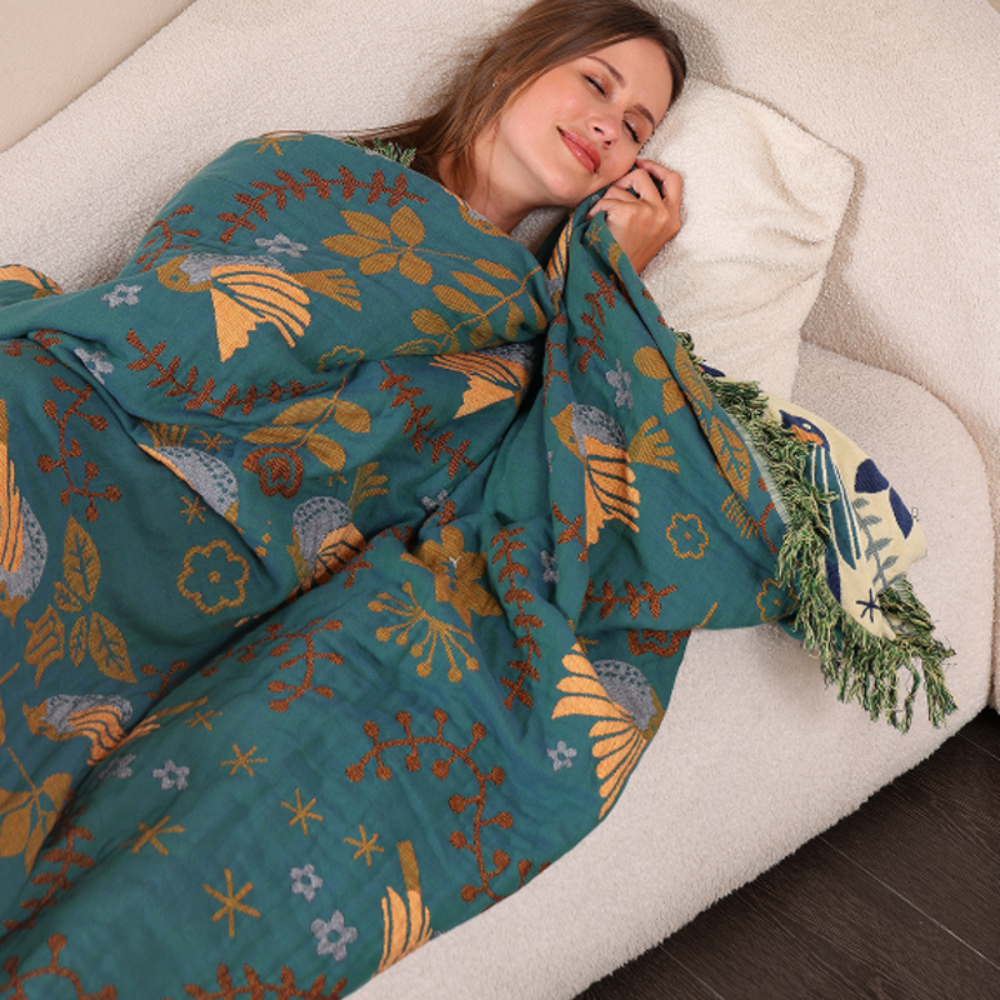 Living Room Reversible Throw Blanket | Scandinavian Bird Design