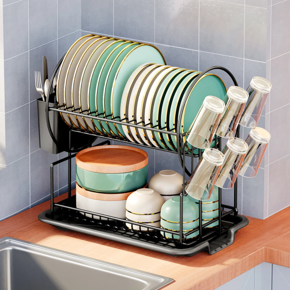 2-Tier Dish Drying Rack with Drain Board | Kitchen Countertop Organizer for Tableware & Utensils