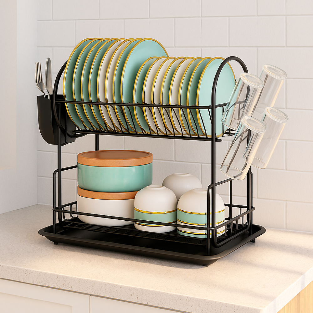 2-Tier Dish Drying Rack with Drain Board | Kitchen Countertop Organizer for Tableware & Utensils