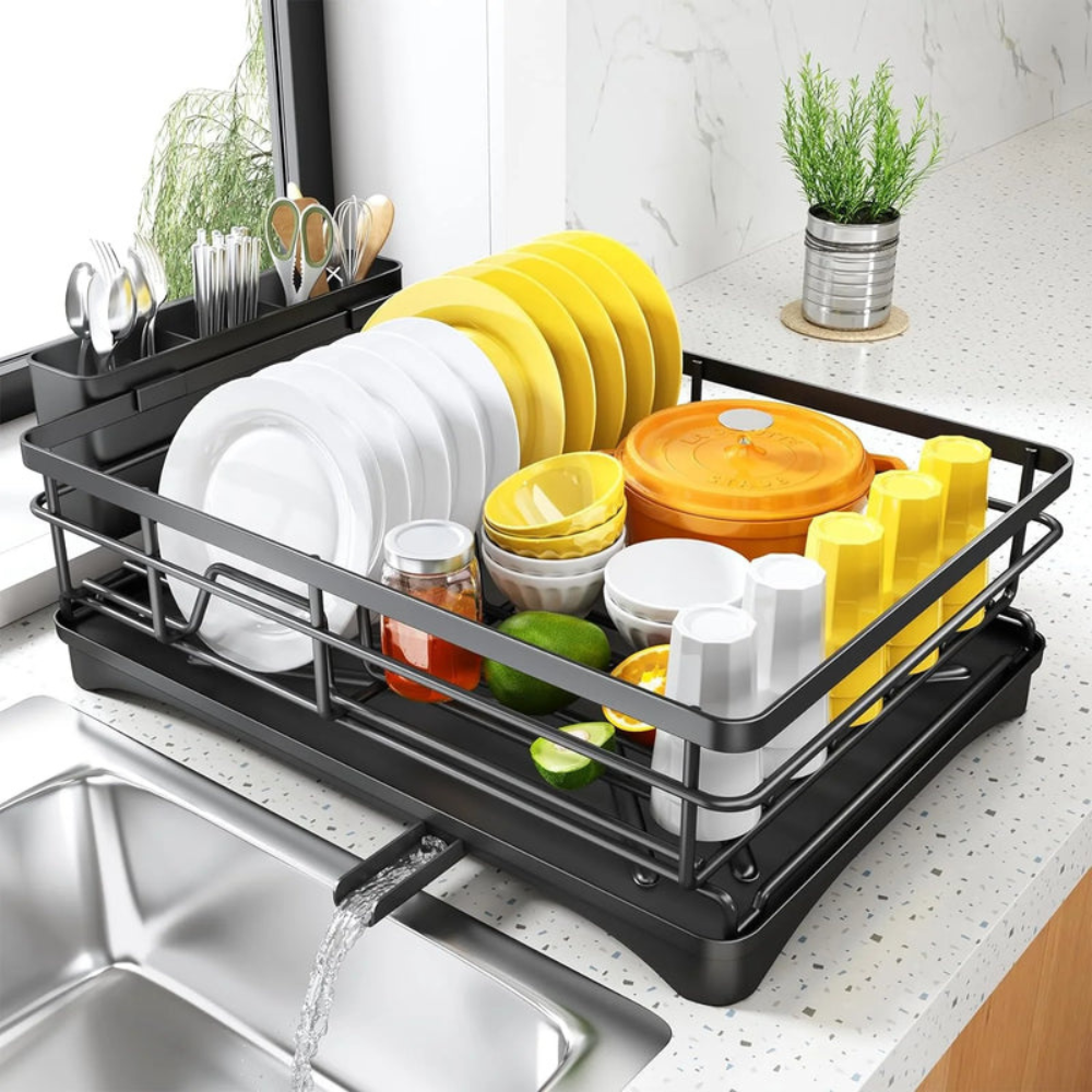 Large Dish Drying Rack with Drainboard | Rustproof Kitchen Counter Organizer with Utensil Holder