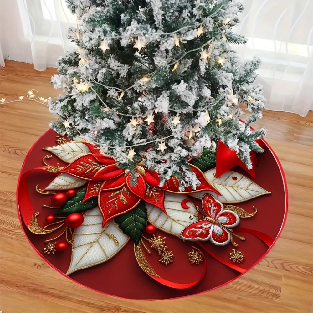 Tree Skirt Christmas | Poinsettia Floral Decoration