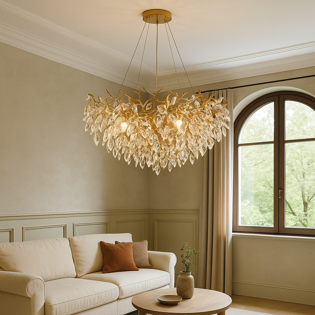 Living Room Leaf Chandelier | Gilded Petal LED Ceiling Light