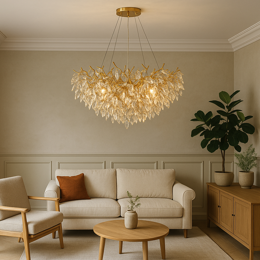 Living Room Leaf Chandelier | Gilded Petal LED Ceiling Light