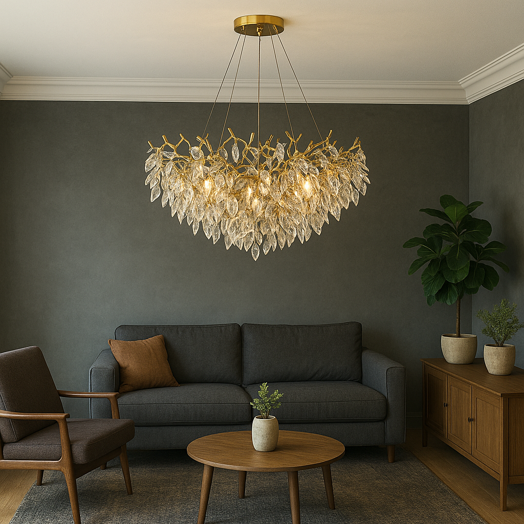 Living Room Leaf Chandelier | Gilded Petal LED Ceiling Light
