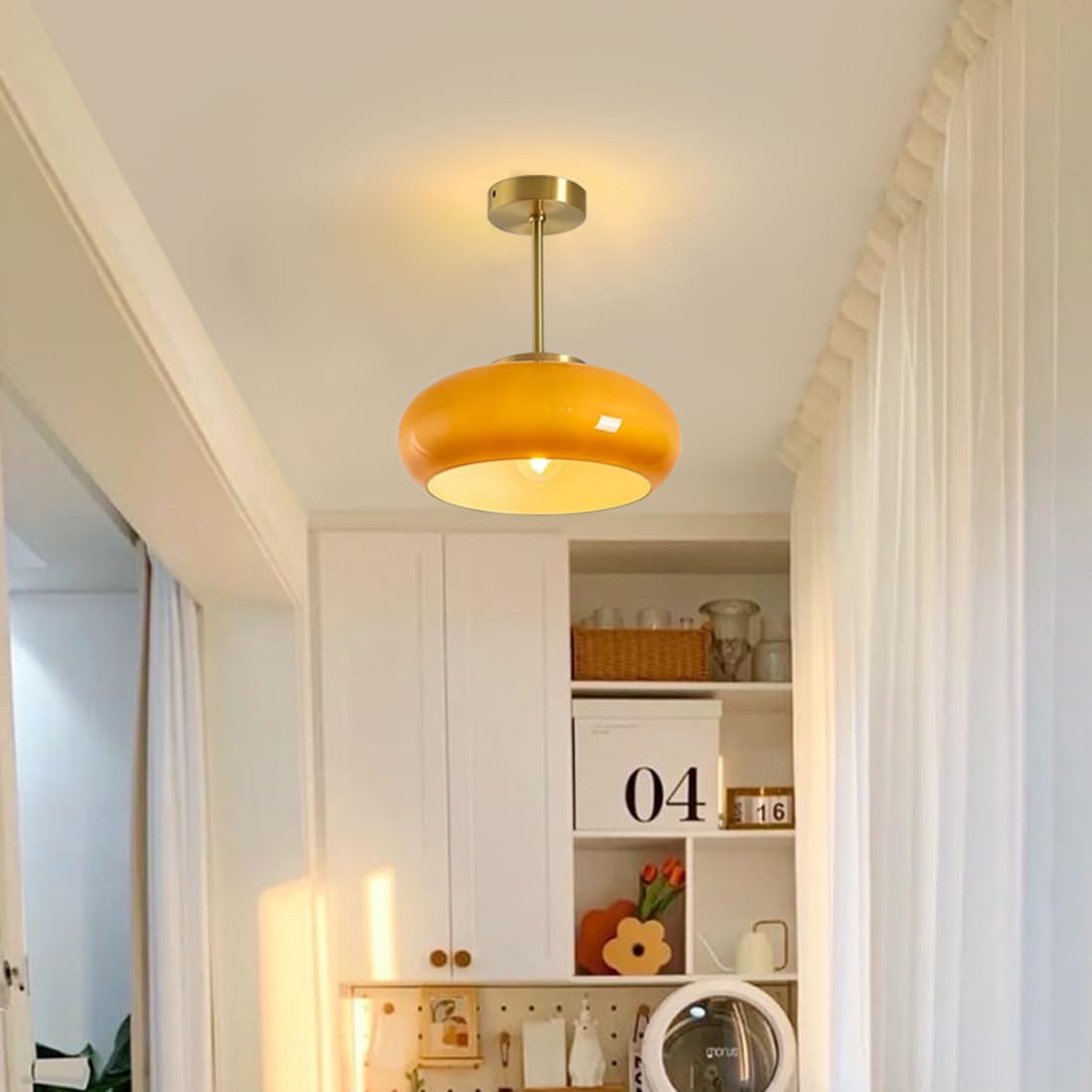 Living Room Modern Ceiling Light | Amber Glass Round