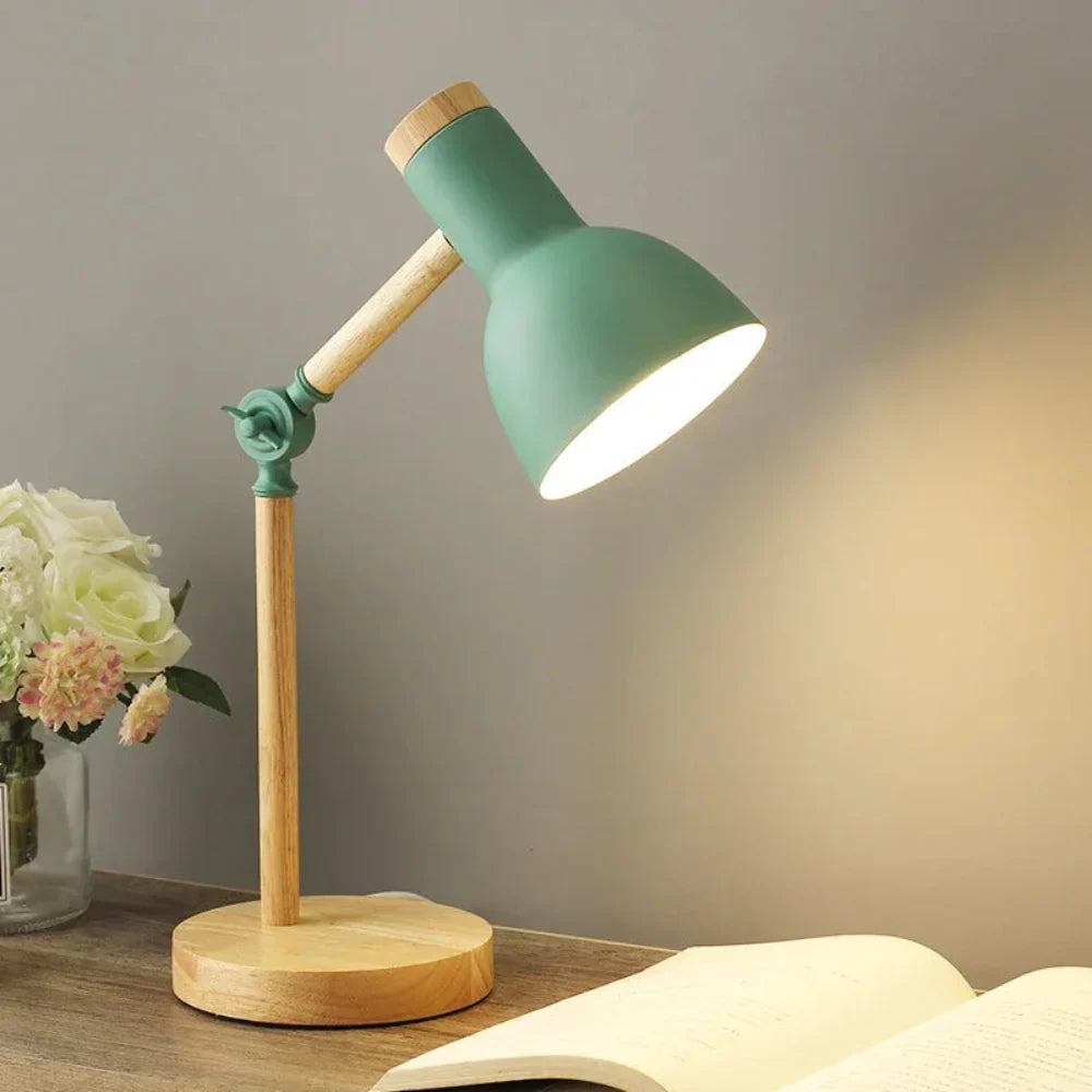 Table Lamp Adjustable Arm | Wooden Base Fixture