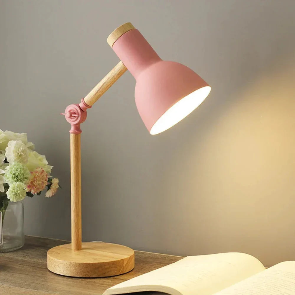 Table Lamp Adjustable Arm | Wooden Base Fixture