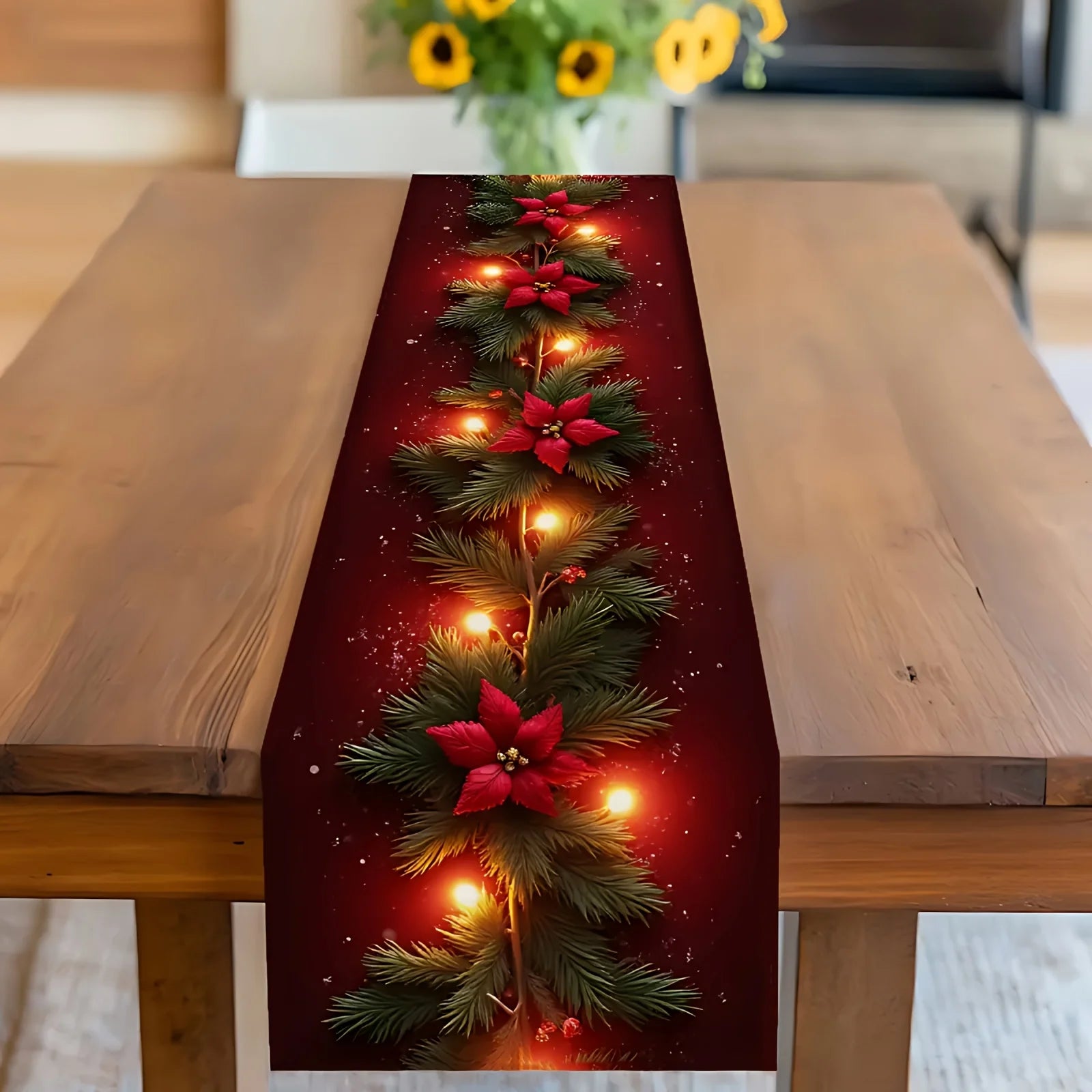 Table Runner for Christmas | Poinsettia Pine Design