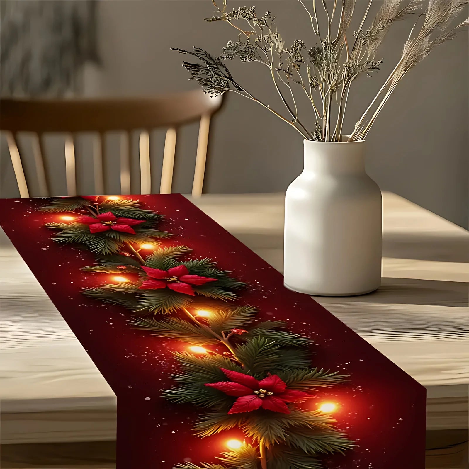 Table Runner for Christmas | Poinsettia Pine Design